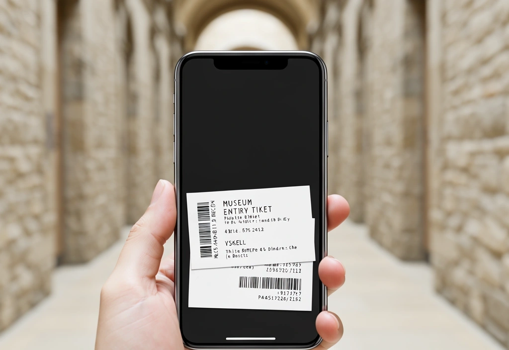 Digitales Ticket vor Museumshintergrund